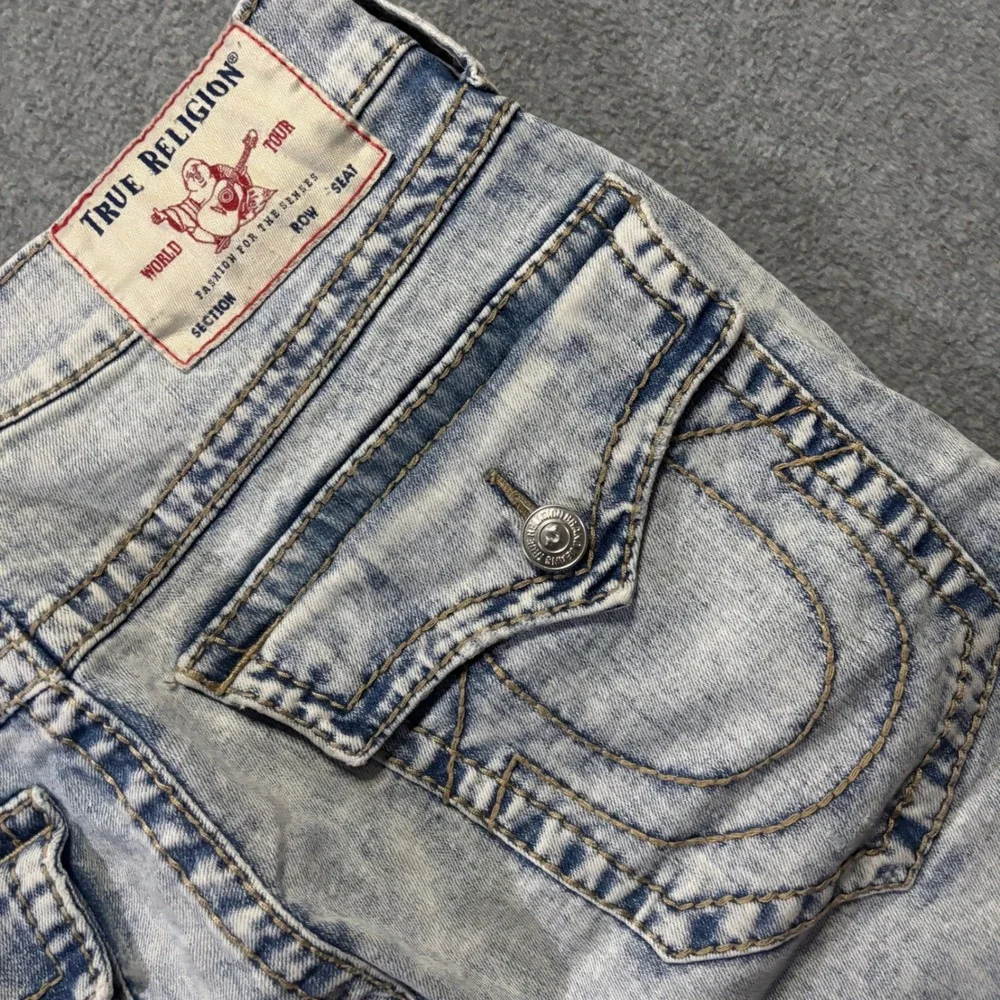 True Religion Ricky Relaxed Straight Denim Shorts Men's 31 Blue Distressed Acid